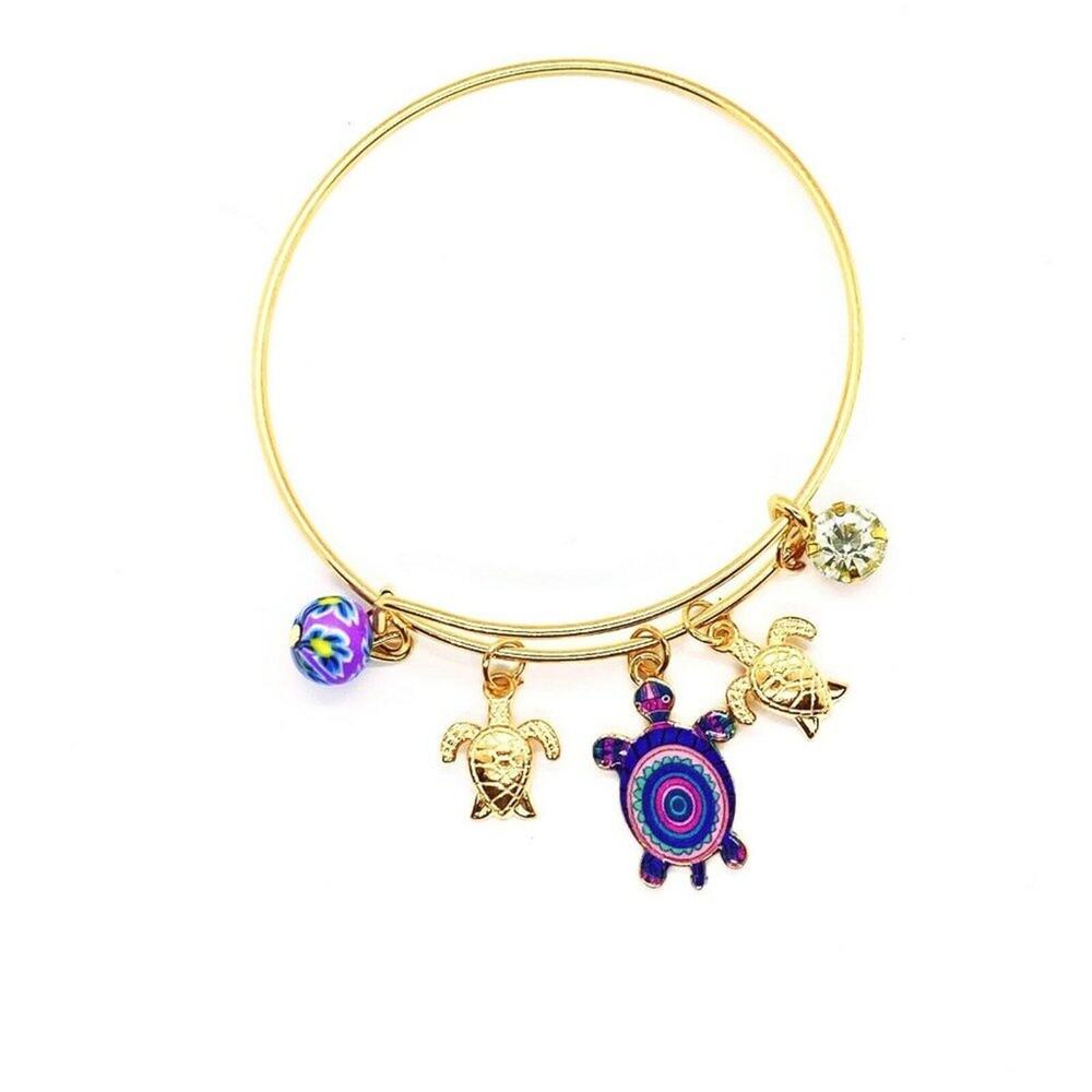 Beaded Sea Turtle Charm Colorful Bangle Bracelet